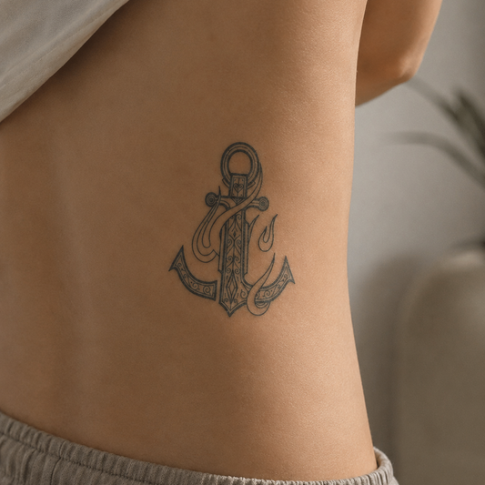 Fine line anchor temporary tattoo on woman's side body, semi permanent nautical tattoo, real tattoo look by Alter Ego Ink