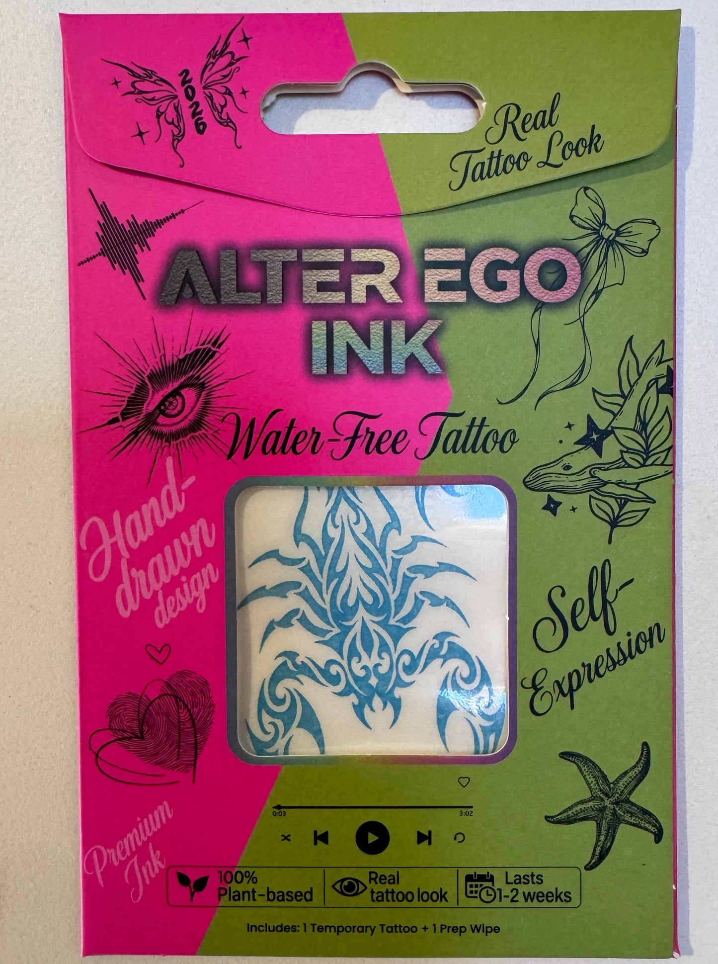 Alter Ego Ink scorpion temporary tattoo packaging — bold fine line botanical ink