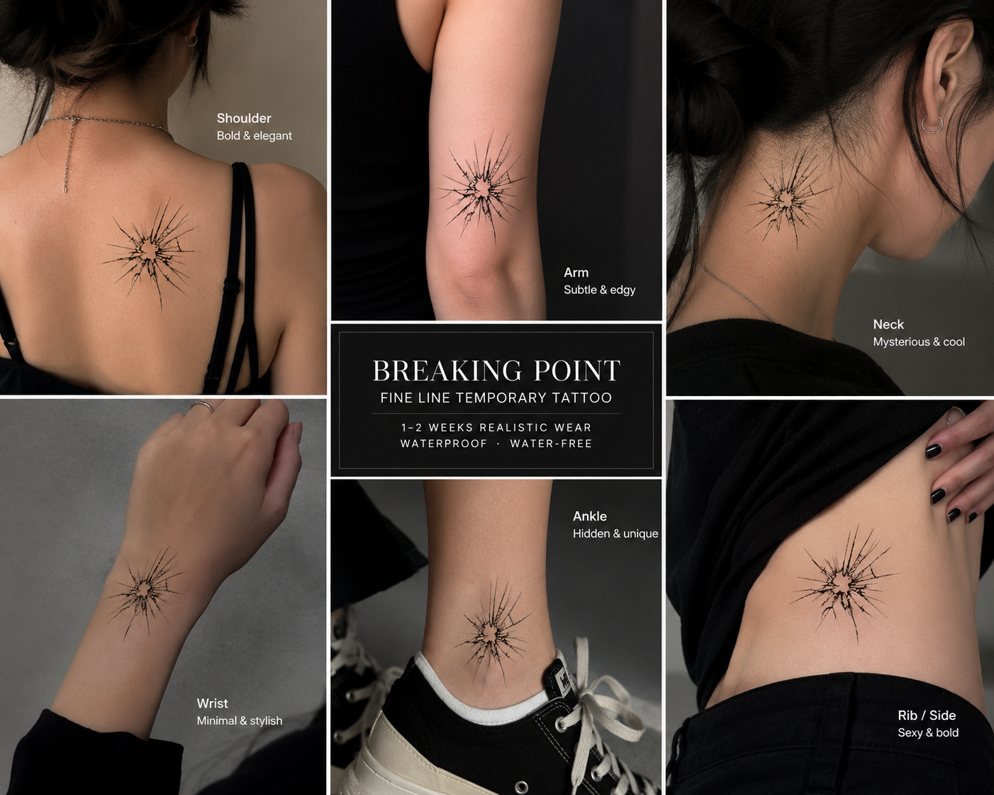 Female model showcasing the Breaking Point fine line temporary tattoo on the shoulder, neck, wrist, ankle, and rib