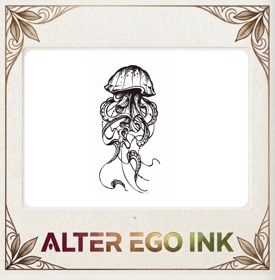 Alter Ego Ink midnight jellyfish temporary tattoo — fine line ocean floating marine design