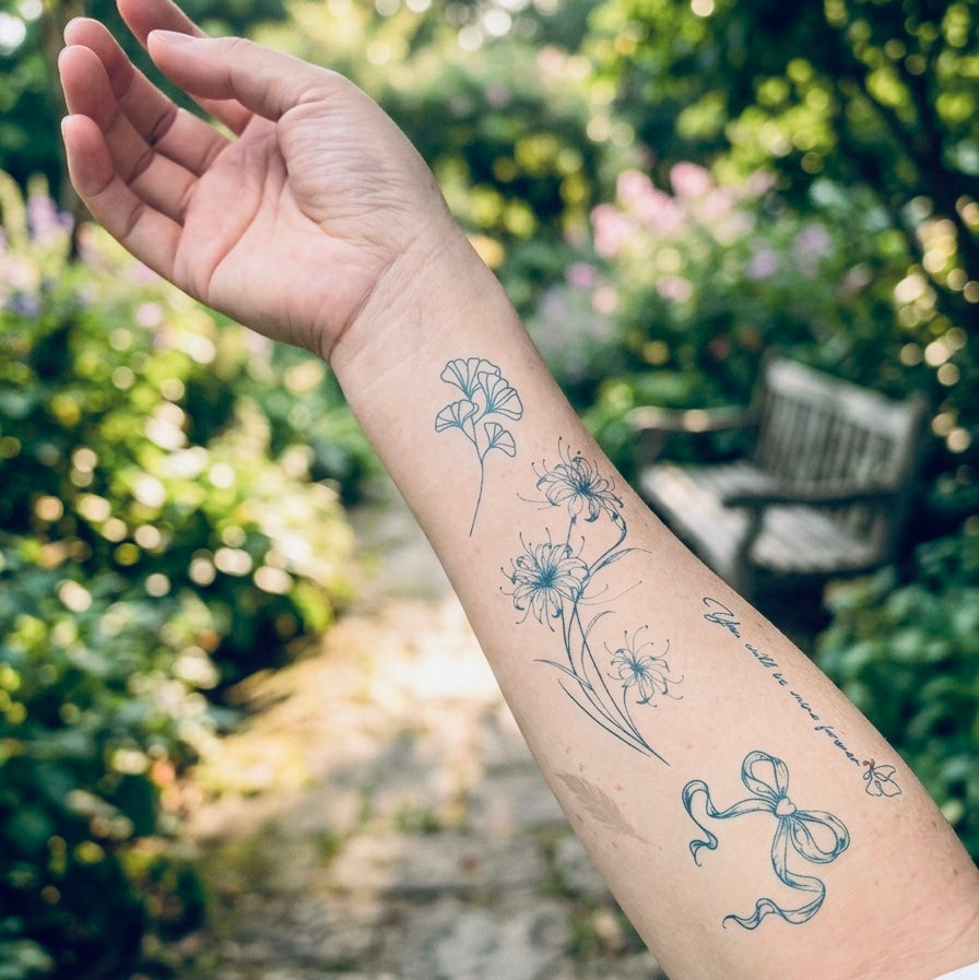 Full collection of fine line temporary tattoos — botanical, floral, animal and K-Pop designs by Alter Ego Ink