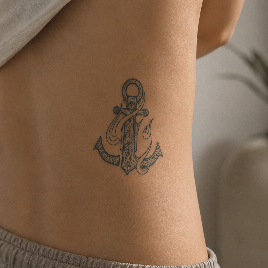 Fine line anchor temporary tattoo on woman's side body, semi permanent nautical tattoo, real tattoo look by Alter Ego Ink