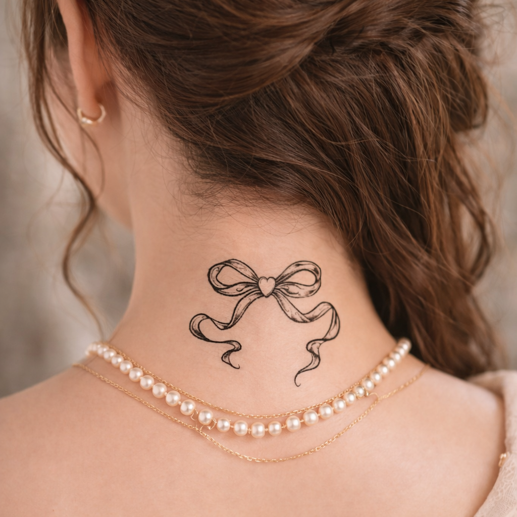 Bow fake tattoo on neck — Alter Ego Ink fine line ribbon design