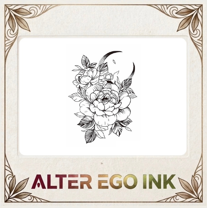 Lunar Bloom temporary tattoo lifestyle photo — Alter Ego Ink moon floral fine line waterproof tattoo