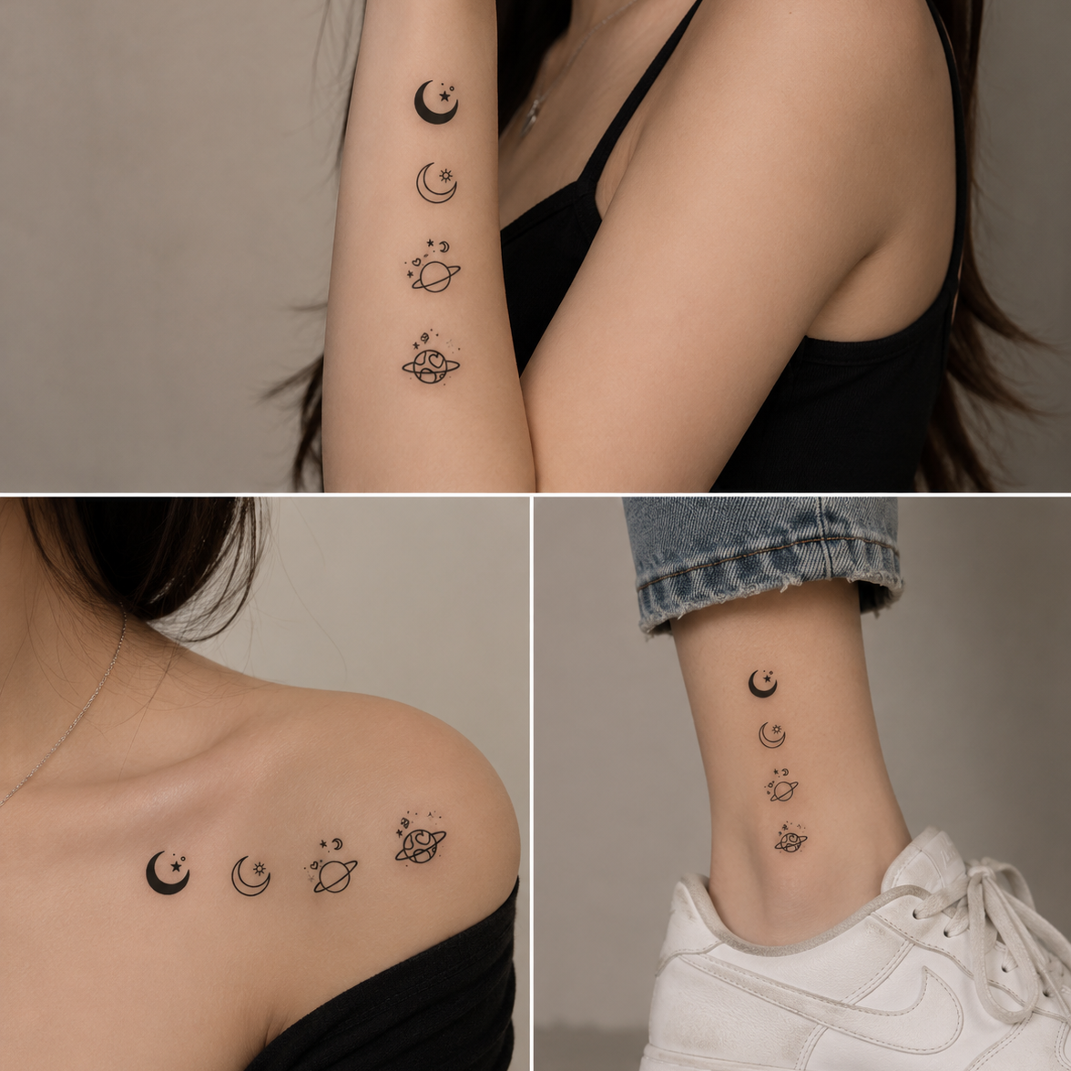 Fine line celestial temporary tattoo set — Alter Ego Ink lasts 1-2 weeks