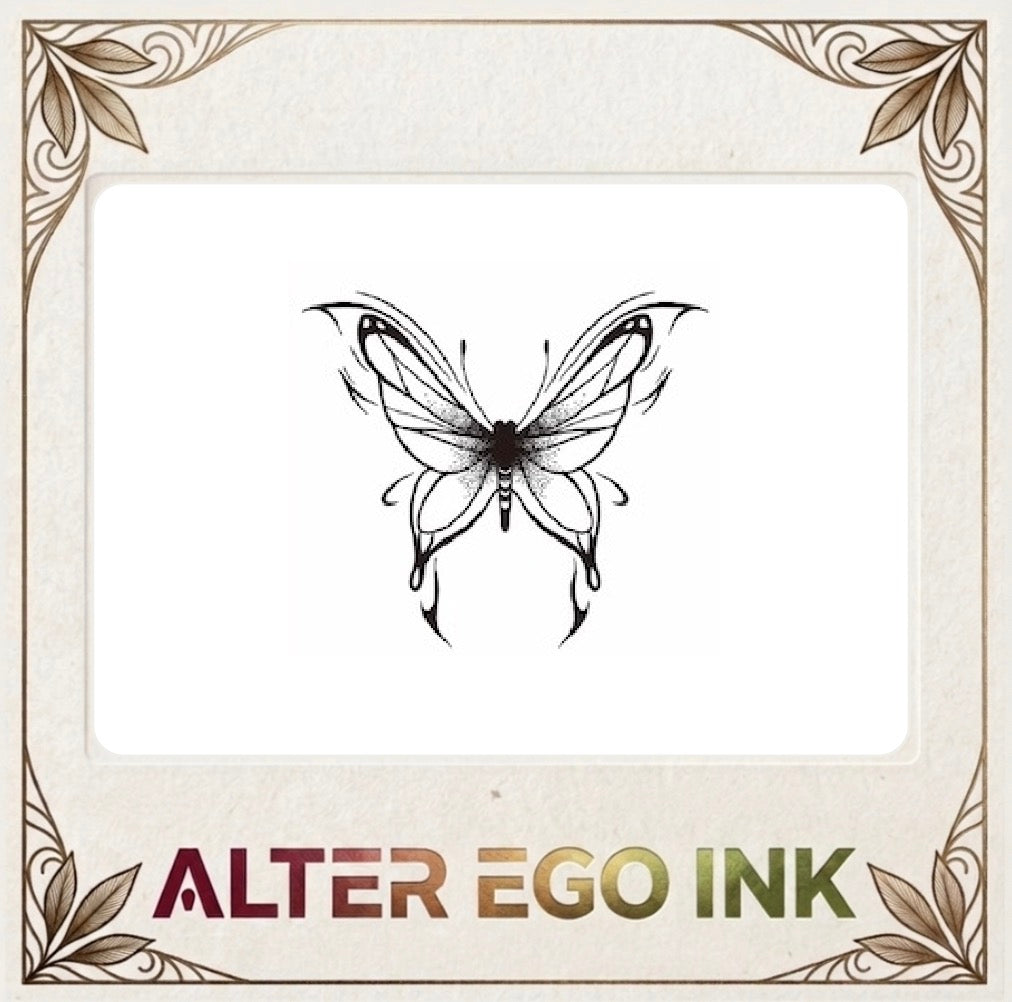 Mystic Butterfly temporary tattoo lifestyle photo — Alter Ego Ink waterproof fine line butterfly tattoo