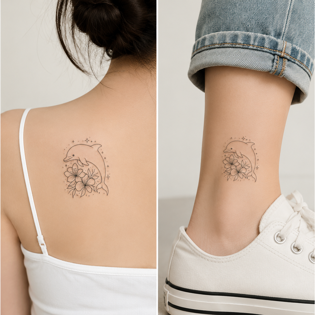 Alter Ego Ink dolphin bloom temporary tattoo set — fine line ocean design