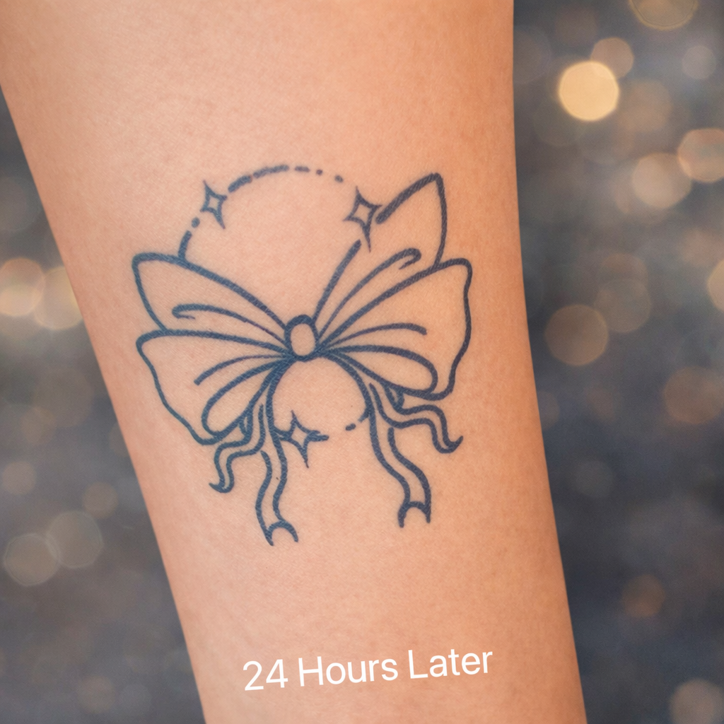 Starlit Ribbon temporary tattoo on wrist — Alter Ego Ink elegant bow tattoo