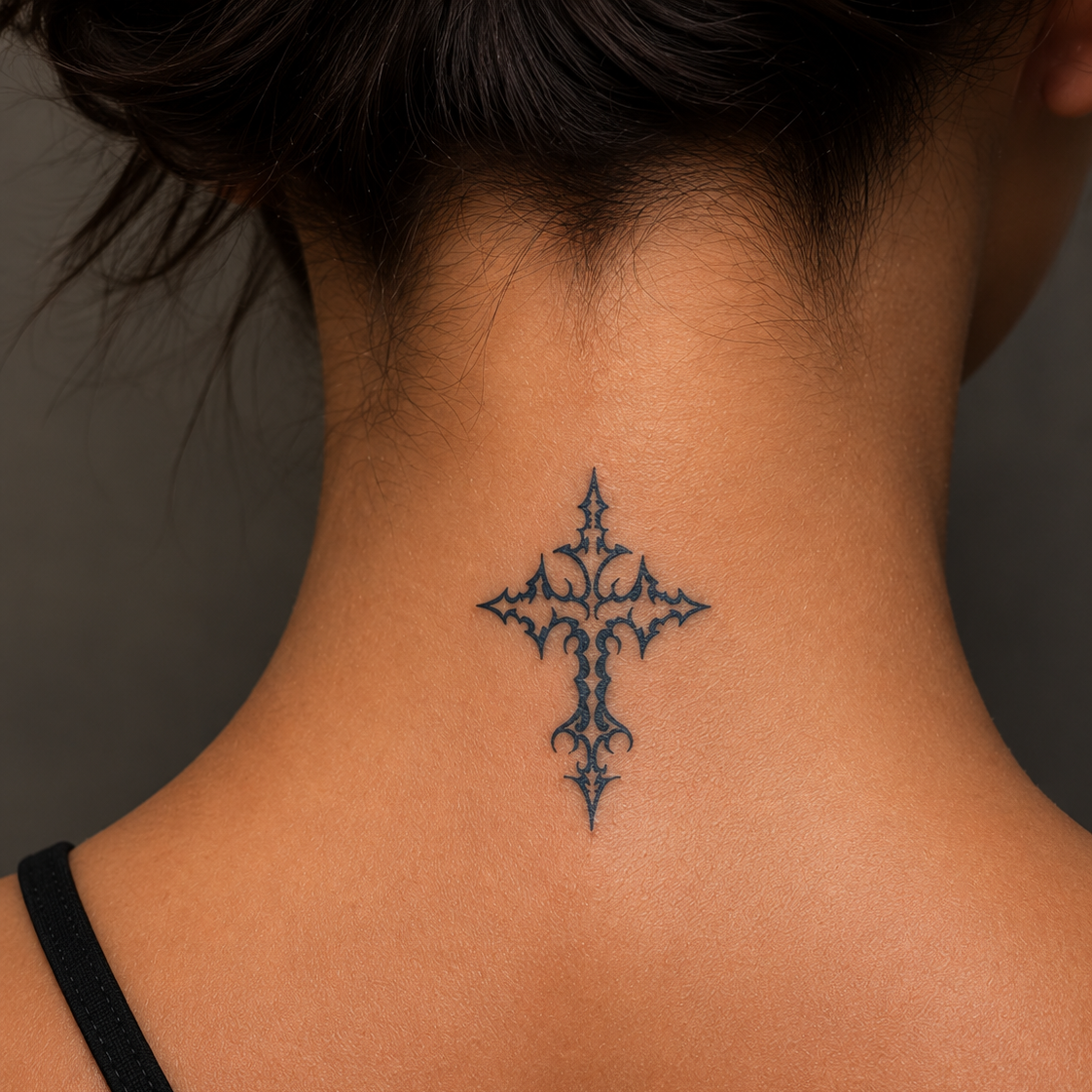 Semi permanent gothic cross temporary tattoo on woman's back neck, fine line dark aesthetic design, real tattoo look by Alter Ego Ink