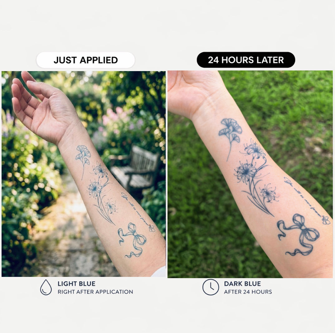 Cupid’s Bow fine line temporary tattoo — Alter Ego Ink romantic ribbon waterproof design