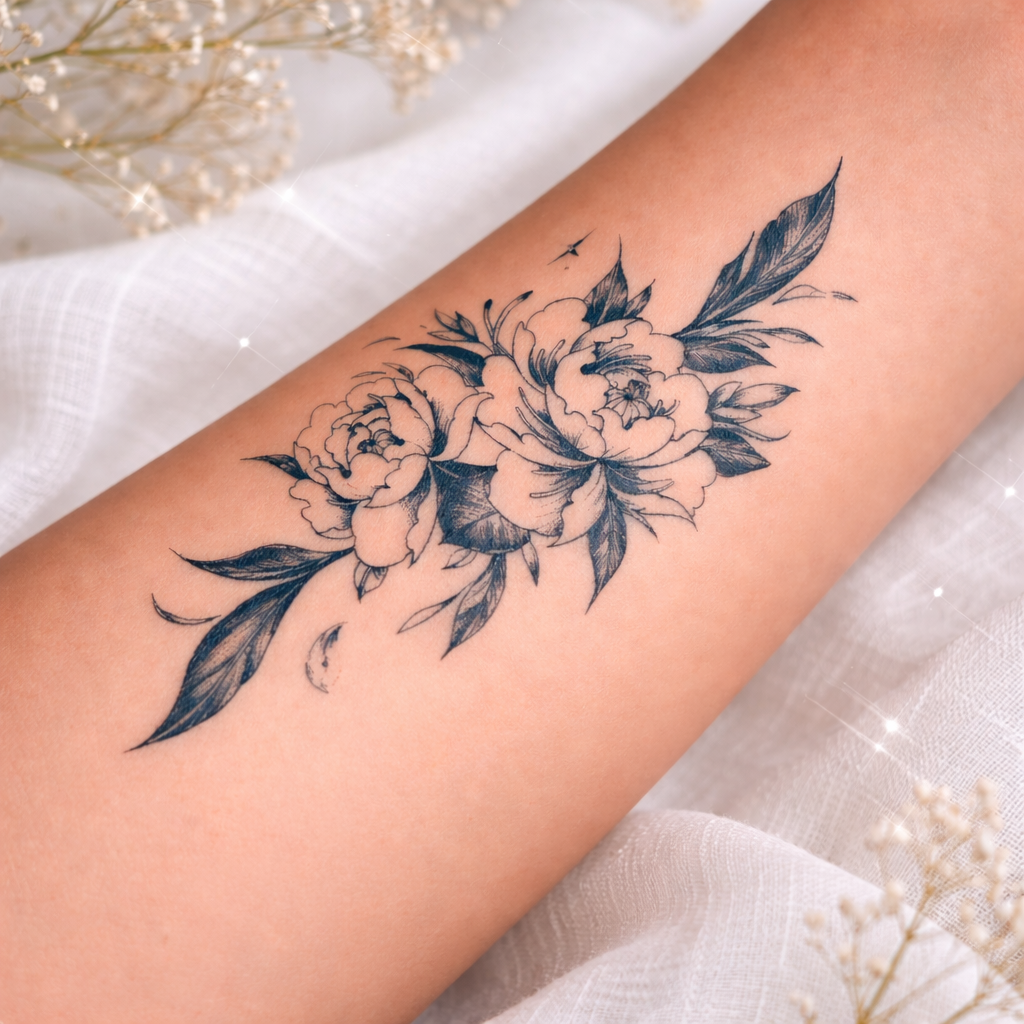Peony floral temporary tattoo on wrist — Alter Ego Ink fine line botanical design