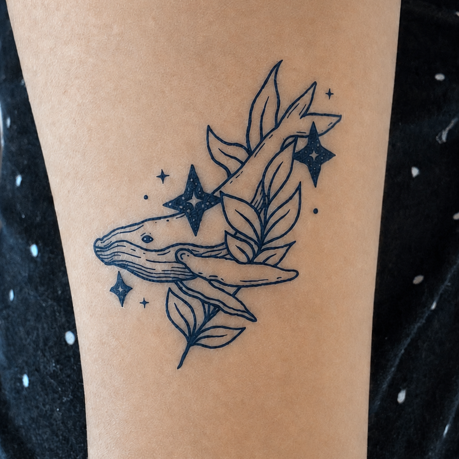 Ocean whale temporary tattoo on wrist — Alter Ego Ink lasts 2 weeks