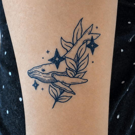 ARMY Inspired Whale Temporary Tattoo, Midnight Ocean Fine Line Tattoo, Realistic Water-Free Press-On Tattoo