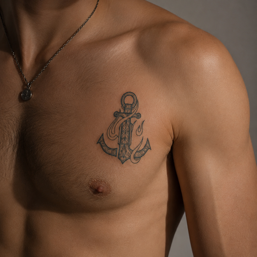 Semi permanent anchor temporary tattoo on male chest, fine line nautical design, real tattoo look by Alter Ego Ink