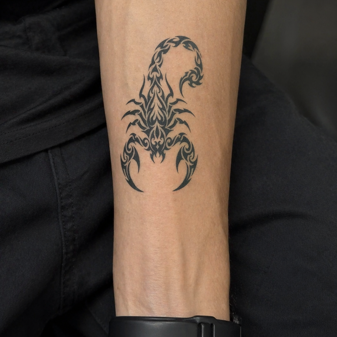 Scorpion bold fine line temporary tattoo on wrist — Alter Ego Ink botanical waterproof