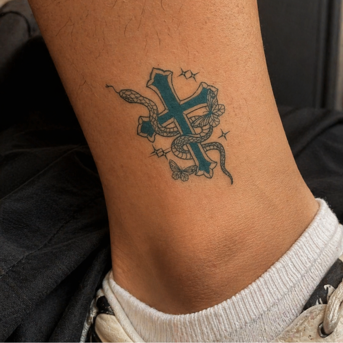Serpent Cross temporary tattoo lifestyle photo — Alter Ego Ink gothic waterproof tattoo