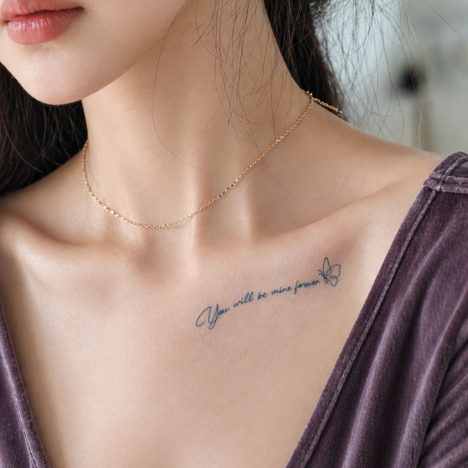 Romantic quote temporary tattoo on collarbone — Alter Ego Ink fine line script tattoo