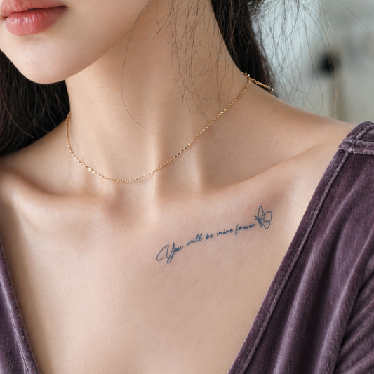 Romantic quote temporary tattoo on collarbone — Alter Ego Ink fine line script tattoo