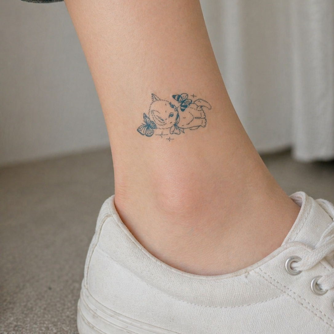 Butterfly kitty fine line temporary tattoo — Alter Ego Ink cute cat botanical waterproof