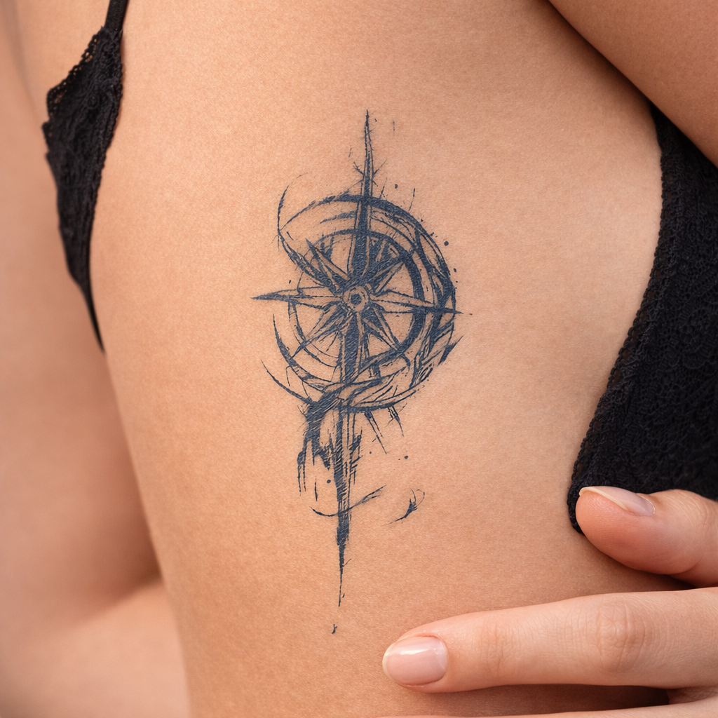 Celestial compass abstract fine line temporary tattoo on thigh — Alter Ego Ink botanical waterproof