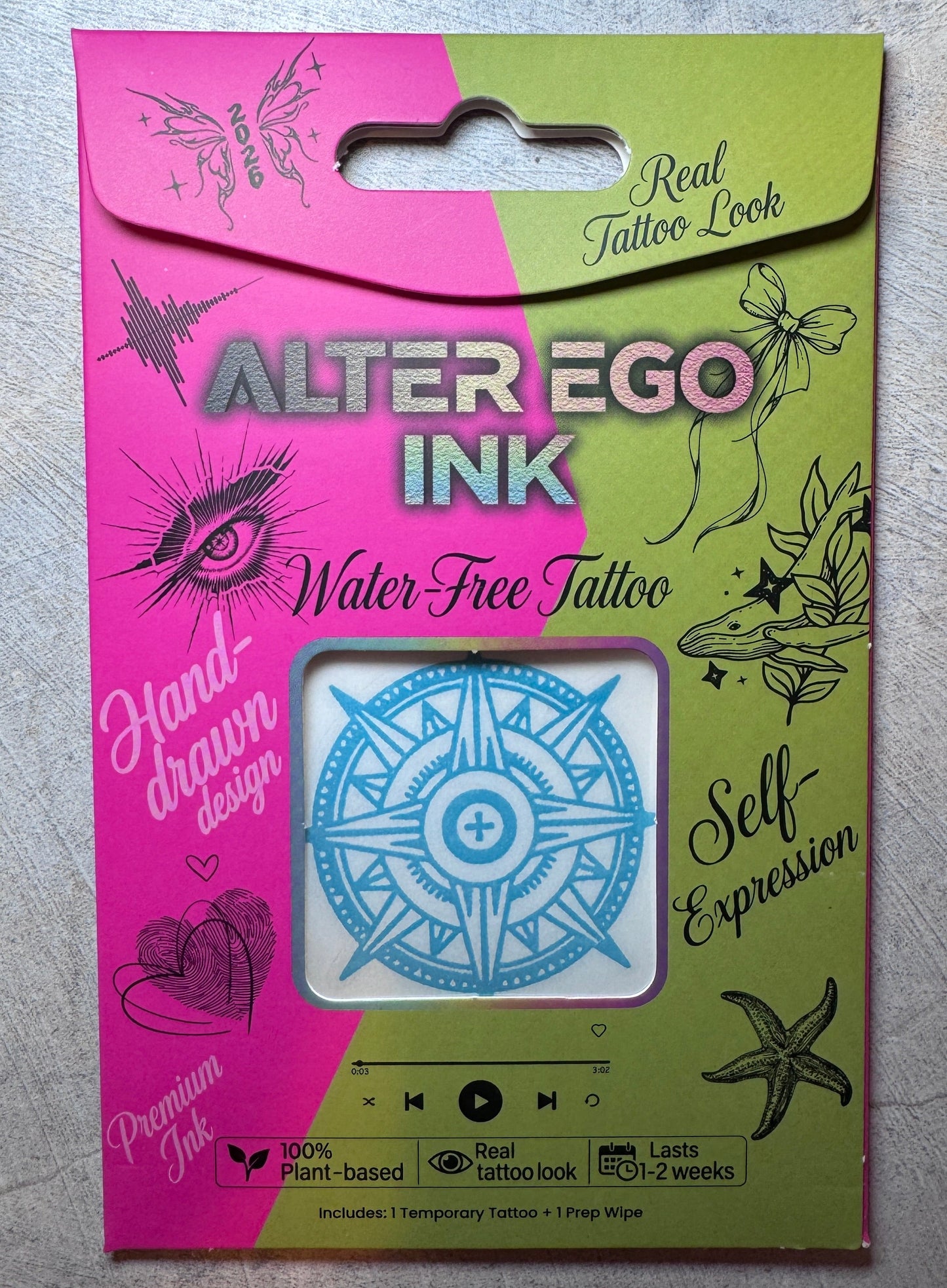 True North temporary tattoo lifestyle photo — Alter Ego Ink waterproof compass tattoo