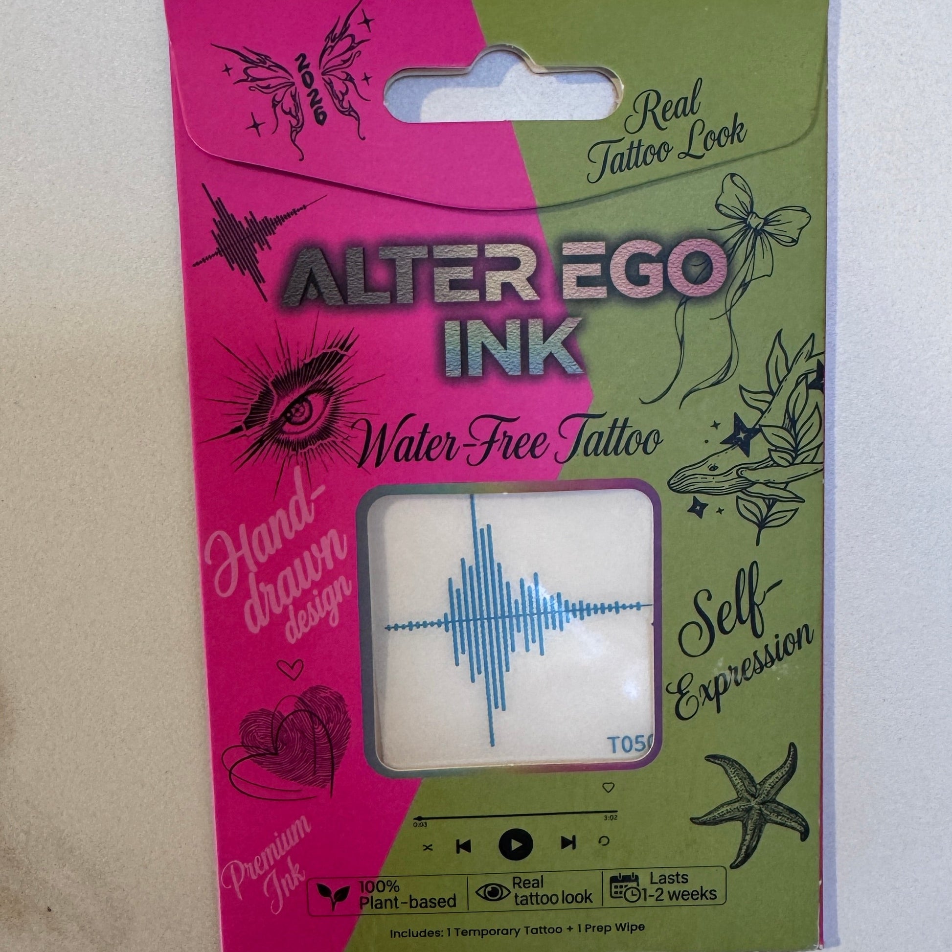 Alter Ego Ink Sound of Us temporary tattoo packaging — fine line soundwave design