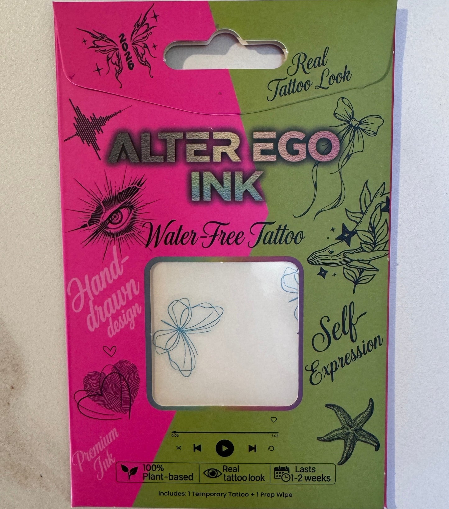 Alter Ego Ink twin butterfly temporary tattoo packaging — fine line botanical ink