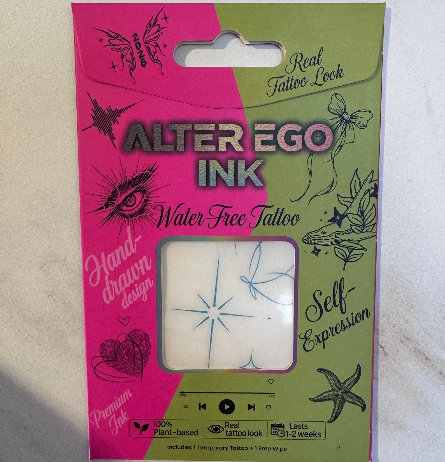Alter Ego Ink Aura Flutter temporary tattoo packaging — butterfly fine line design