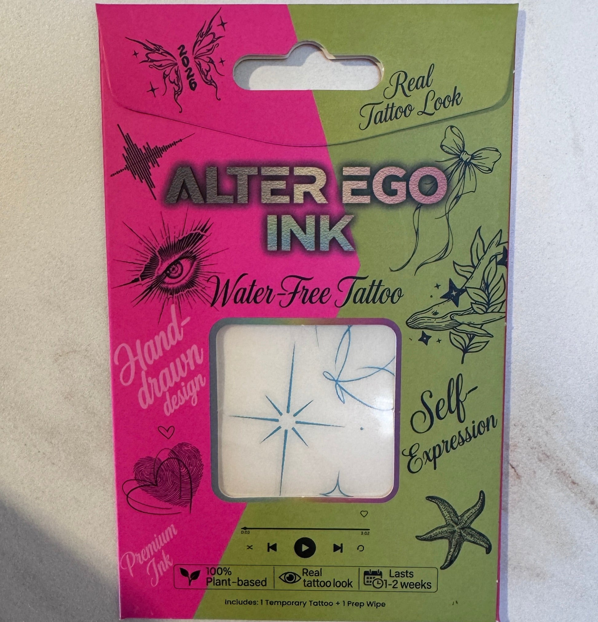 Alter Ego Ink Aura Flutter temporary tattoo packaging — butterfly fine line design