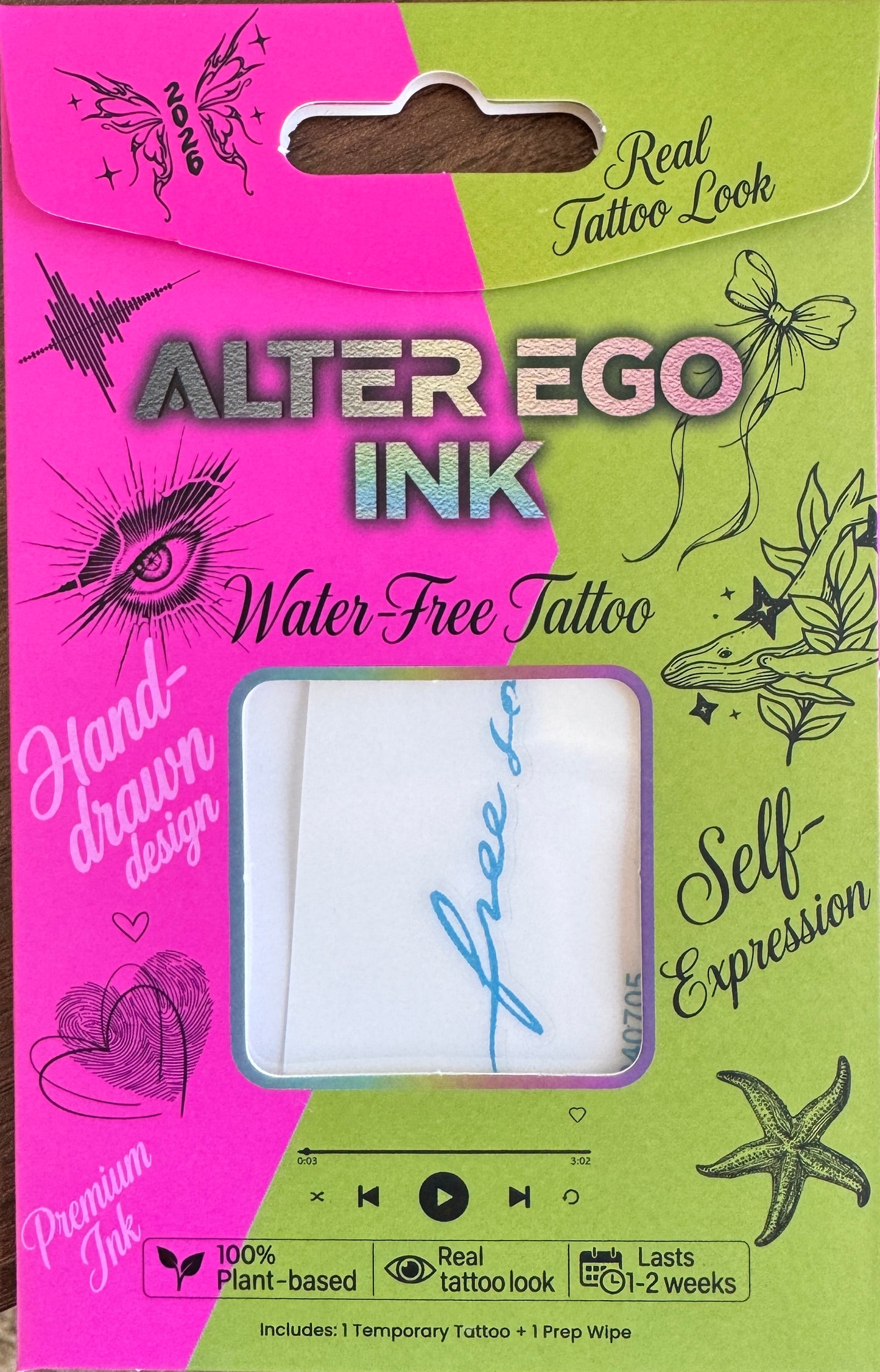 Alter Ego Ink Free Soul temporary tattoo packaging — script word tattoo design