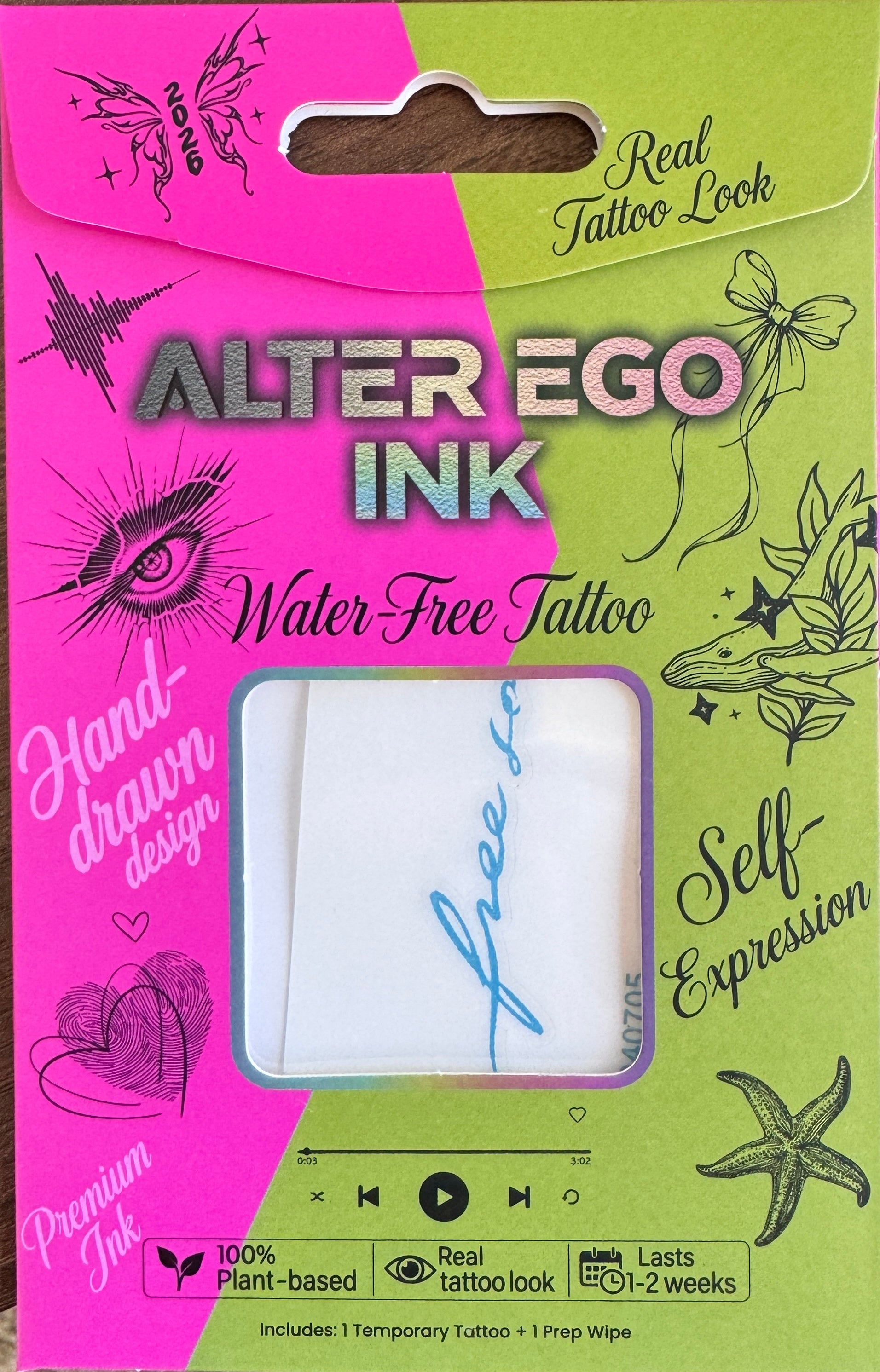 Alter Ego Ink Free Soul temporary tattoo packaging — script word tattoo design