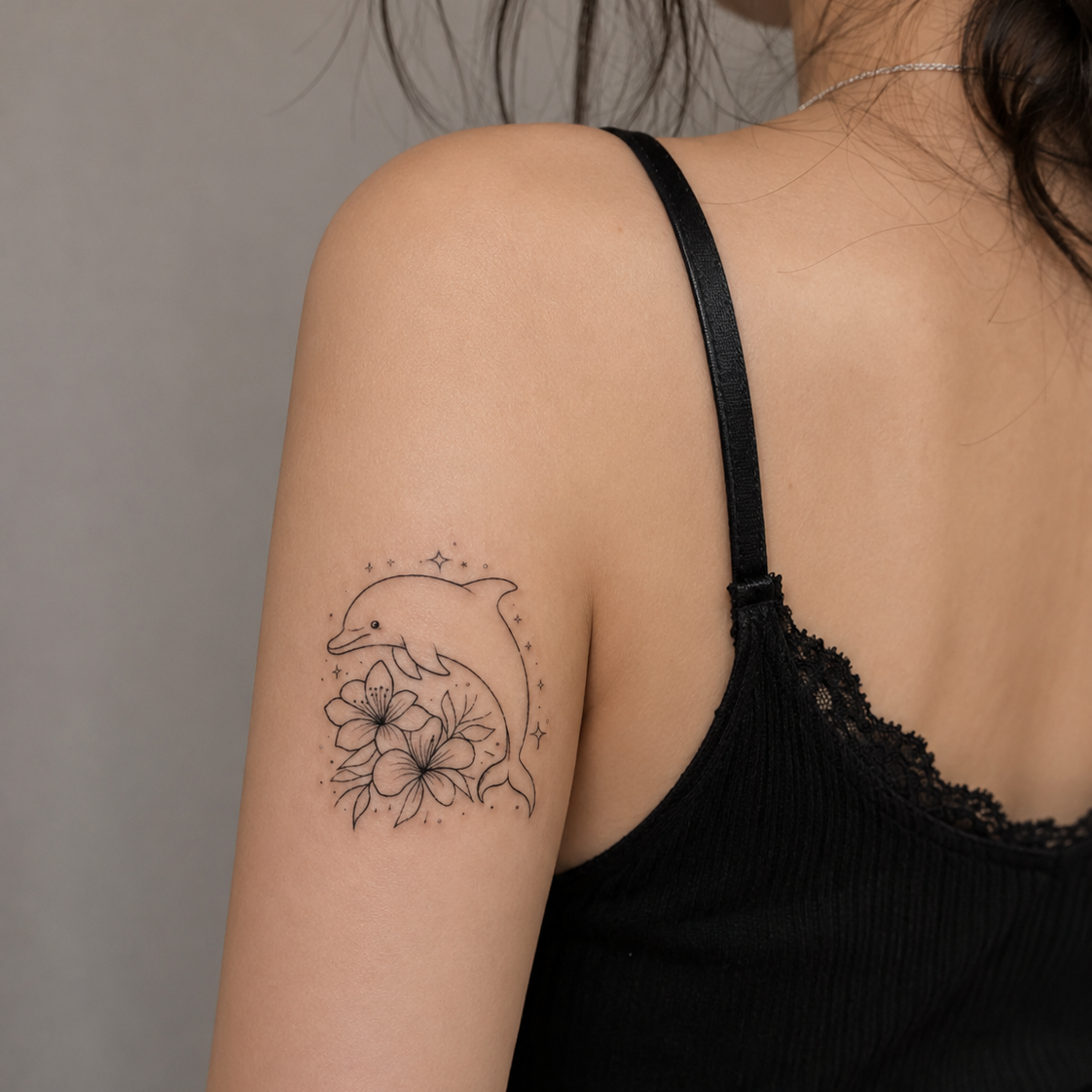 Dolphin floral fine line temporary tattoo — Alter Ego Ink botanical waterproof