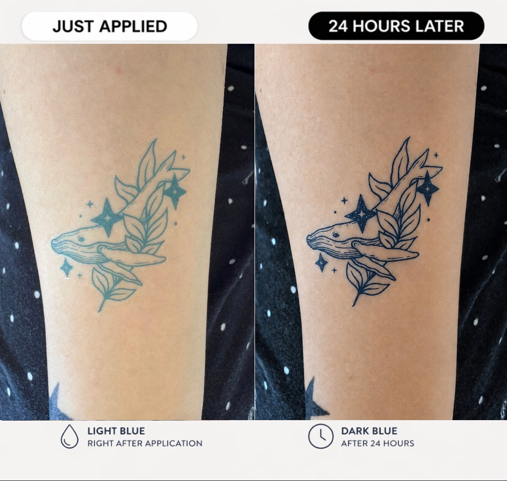 Alter Ego Ink dream whale temporary tattoo — midnight ocean fine line botanical design