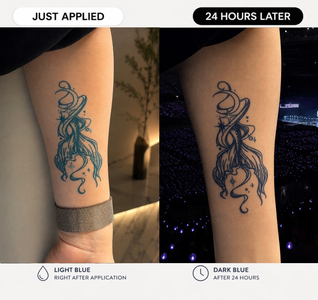 Alter Ego Ink purple galaxy flame temporary tattoo — BTS inspired celestial fine line design