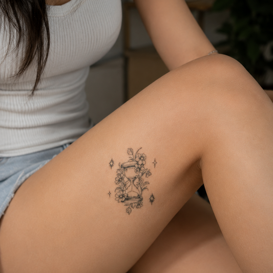 Woman wearing the Balance in Bloom floral hourglass water-free temporary tattoo on her outer thigh featuring a realistic botanical fine line design.