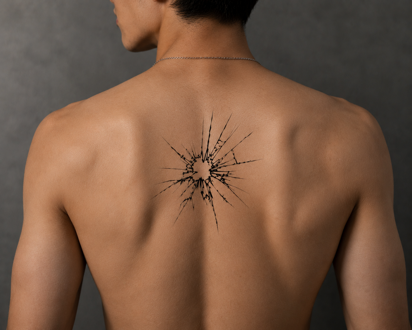 Model wearing the Breaking Point temporary tattoo on the back, showcasing a realistic fine line tattoo design by Alter Ego Ink.