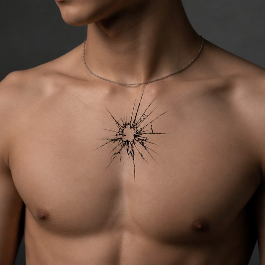 Breaking Point temporary tattoo featuring a cracked abstract design in fine line style by Alter Ego Ink. Waterproof, realistic, plant-based, lasts 1–2 weeks.