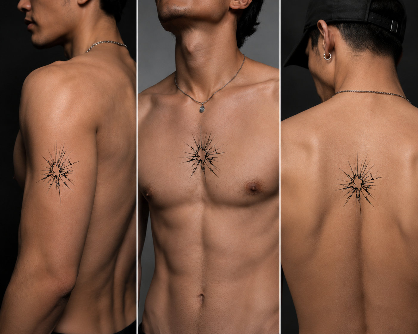 Male model showcasing the Breaking Point fine line temporary tattoo on the upper arm, chest, and upper back