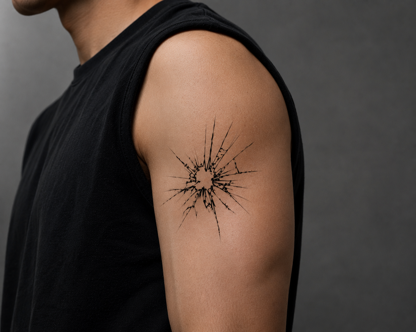 Breaking Point broken glass temporary tattoo with a realistic fine line design. Waterproof, plant-based, and lasts 1–2 weeks.