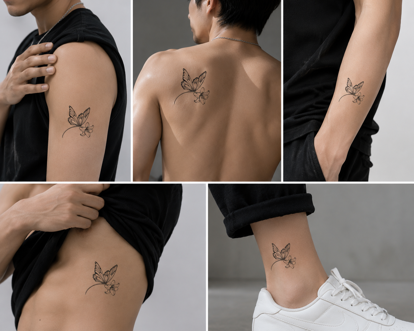 Butterfly Bloom temporary tattoo shown on a male model with creative placement ideas on the upper arm, upper back, forearm, ribs, and ankle. Fine line butterfly wing and flower design with a realistic tattoo appearance and minimalist unisex style.
