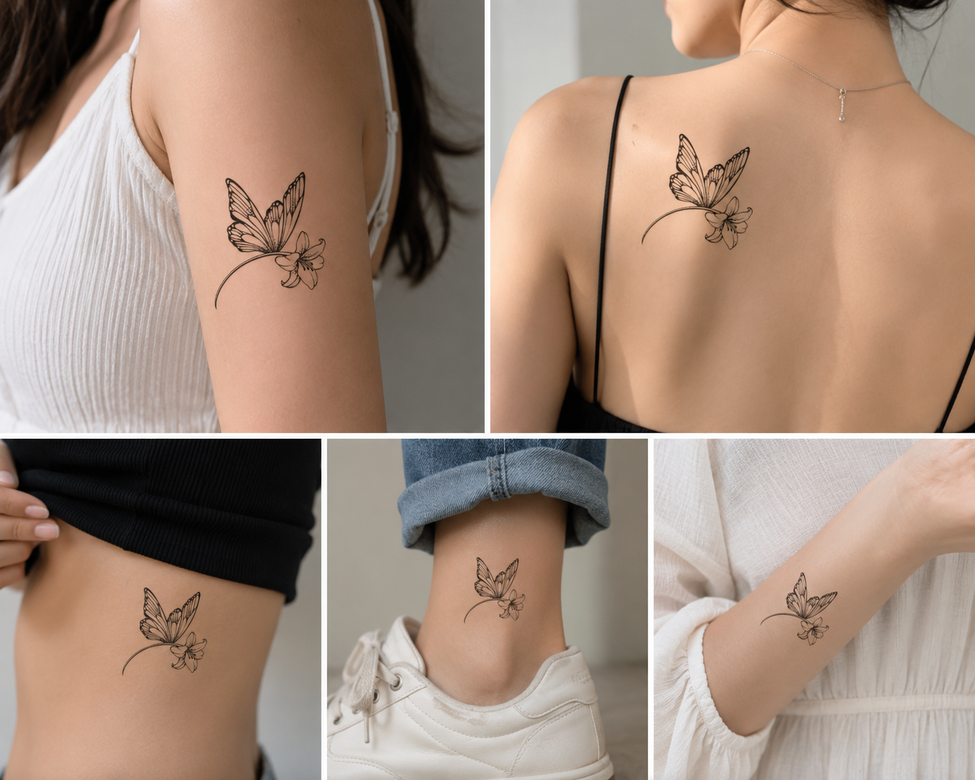 Butterfly Bloom temporary tattoo shown on a woman with creative placement ideas on the upper arm, upper back, ribs, forearm, and ankle. Elegant butterfly wing and flower fine line design with a realistic tattoo look.