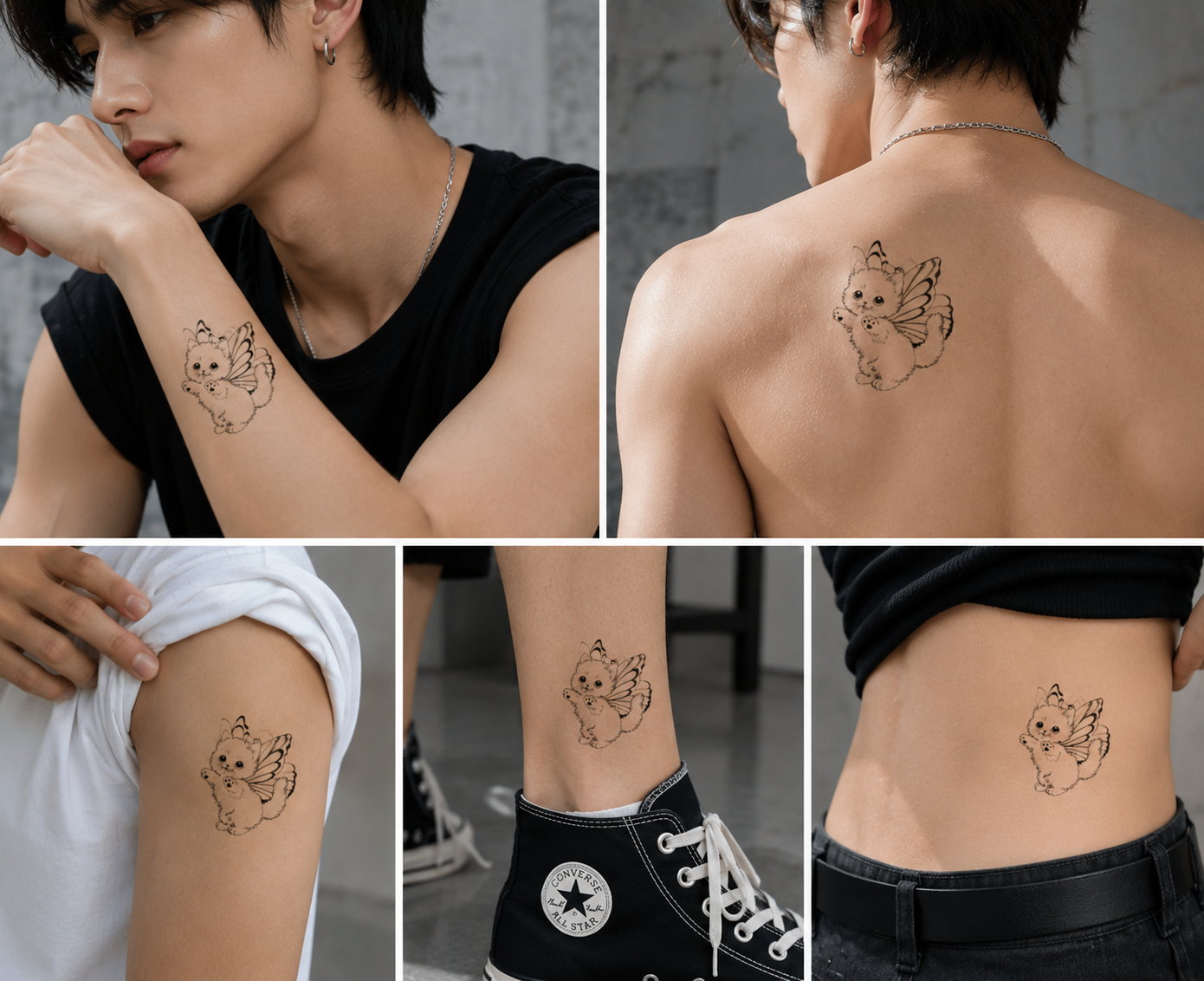 Butterfly Kitty temporary tattoo shown on a male model with creative placement ideas on the forearm, upper arm, upper back, ribs, and ankle. Fine line winged kitten design with a realistic tattoo appearance and unisex style.