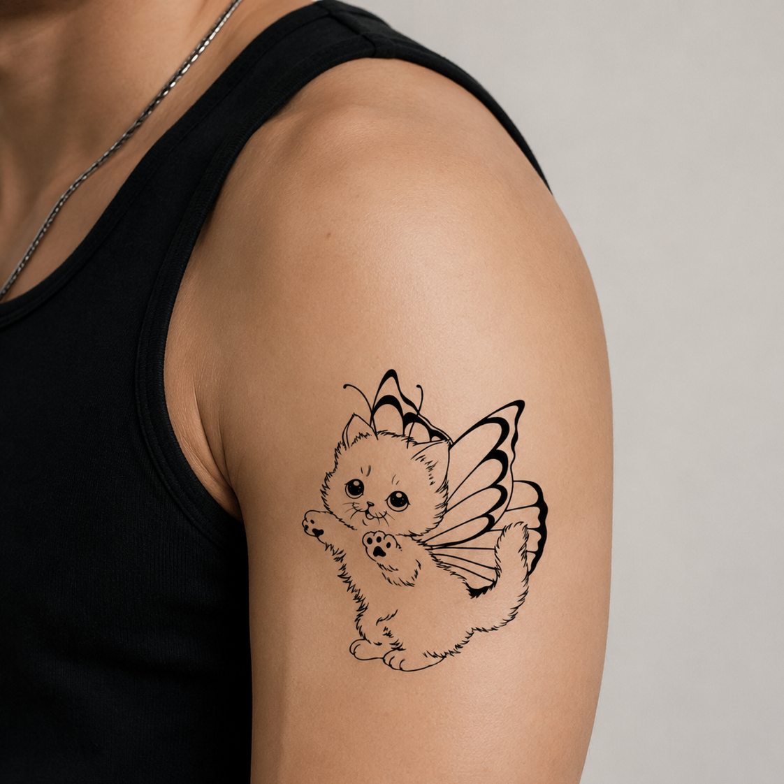 Man wearing a Butterfly Kitty temporary tattoo on the upper arm, cute fairy cat fine line waterproof temporary tattoo.