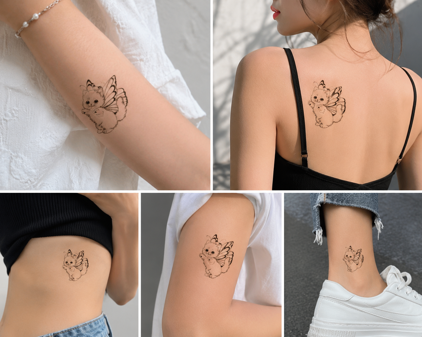 Butterfly Kitty temporary tattoo shown on a woman with creative placement ideas on the forearm, upper back, ribs, upper arm, and ankle. Cute winged kitten fine line design with a realistic tattoo look.