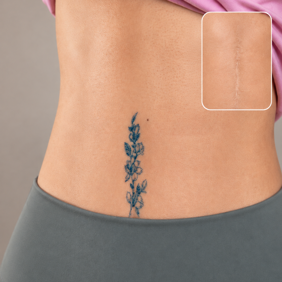 Botanical temporary tattoo designed for C-section scar art and creative scar coverage