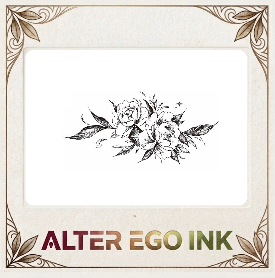 Midnight Peony fine line temporary tattoo — Alter Ego Ink botanical floral waterproof design