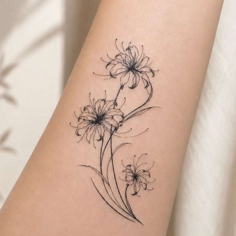 Spider Lily temporary tattoo on arm — Alter Ego Ink fine line botanical floral waterproof design