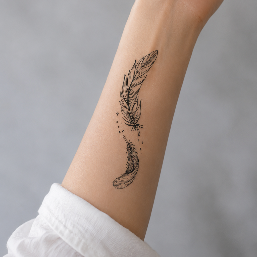 Drifting Feathers fine line temporary tattoo design featuring two floating feathers with delicate star accents.