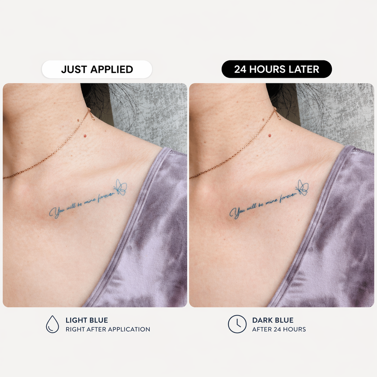 Yours Forever temporary tattoo lifestyle photo — Alter Ego Ink fine line quote tattoo