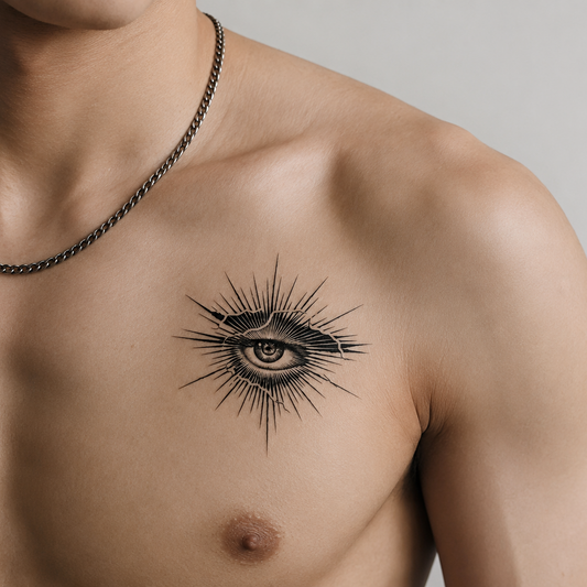 Man wearing a Fractured Vision eye temporary tattoo on the upper chest, fine line all-seeing eye design, waterproof realistic tattoo.